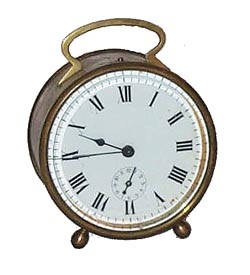 French alarm clock in a tin can style case, both front and back covers snap out of the can body. — Antique Clocks Price Guide