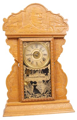 E. N. Welch Clock Co. mantle clock, one of the much collected "Commeratives" made by Welch around 1900 and pictured in their trade catalog that year. — Antique Clocks Price Guide