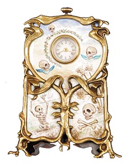 Very rare novelty table clock with a porcelain panel front, behind twisted bronze stand resembling interwoven vines. — Antique Clocks Price Guide