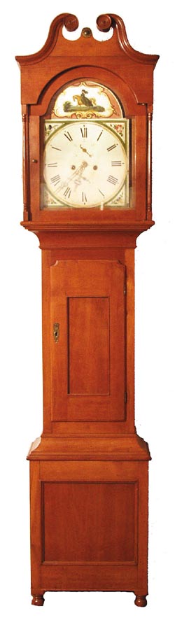 American cherry case tall clock, broken arch top, round ball feet. — Antique Clocks Price Guide