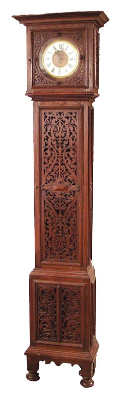 German tall clock in an Arts and Crafts type oak case. Made by the world champion jig saw king who had a lot of patience. — Antique Clocks Price Guide