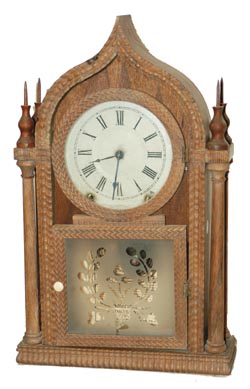 Brewster and Ingrahams, Bristol, Conn. US, per the notation on the ribbed movement in the rare case which is a variation of a four column, onion top clock, ca 1851. — Antique Clocks Price Guide