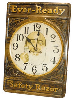 Ever-Ready Safety Razor, advertising clock. This is the early rare model in an all metal case, 18" high, and 13" wide. — Antique Clocks Price Guide