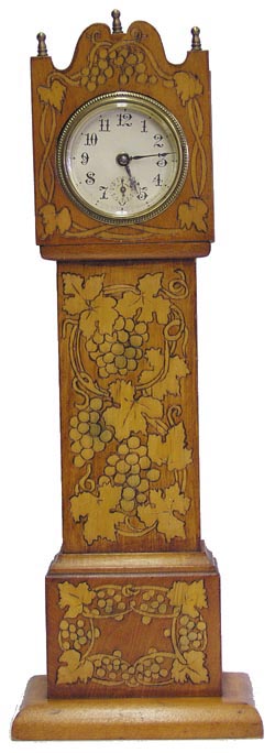 Miniature Grandfather clock Nice cherry or red oak, carved-etched case, grapes, leaves, vines. — Antique Clocks Price Guide