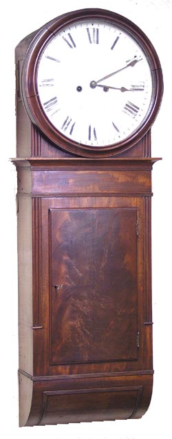 English Dial clock, C. 1850. Case is mahogany veneer with a burl mahogany door and a curved bottom. — Antique Clocks Price Guide