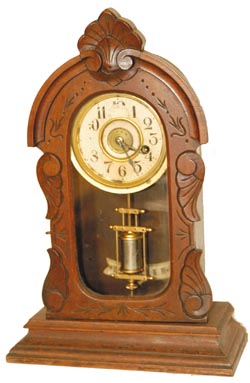 Ansonia Clock Company, miniature shelf clock Very nice 15" mahogany case, never cleaned or refinished, Ansonia beat scale; and the single barrel pendulum is very nice. — Antique Clocks Price Guide