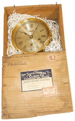 Seth Thomas chronometer in an original wood shipping box with a canceled 20 cent postage stamp, showing it was mailed From Seth Thomas Clock Co. Thomaston, Conn. — Antique Clocks Price Guide