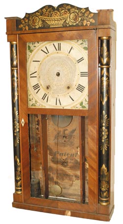 Seth Thomas full size, stenciled column and splat, 30 hour wood movement, weight clock. Mahogany veneer case 34.5" high. — Antique Clocks Price Guide