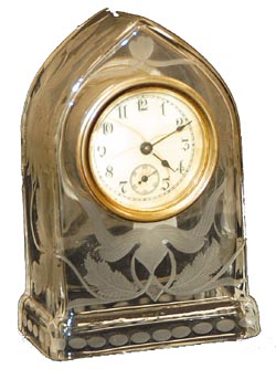Etched glass novelty clock in a miniature beehive case 5" high. — Antique Clocks Price Guide
