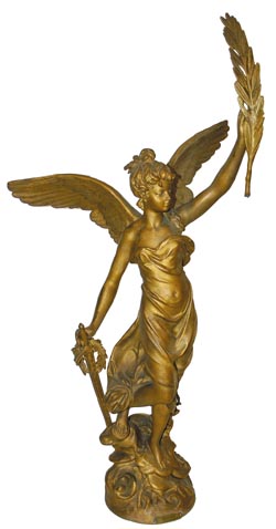 French spelter statue, 32.5" high with the repaired fig leaf in her hand held high. — Antique Clocks Price Guide