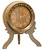 Beer Barrel novelty clock. 8 day movement is unsigned, strikes a bell on the half hours and hours, running strong.