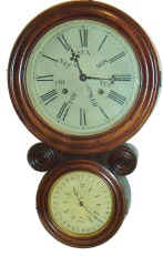 E. Ingraham & Co. Ionic mini calendar, ca.1880 mahogany 21.5 inches high, veneered case refinished and in excellent condition, old glasses. — Antique Clocks Price Guide
