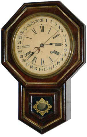 Ansonia Clock Co. calendar wall clock, "Drop Octagon, Gilt", ca 1883. — Antique Clocks Price Guide