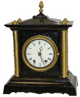 "Seth Thomas Sons & Co. Thomaston, CT", 8 day movement in an enameled iron case with 4 gold painted columns. — Antique Clocks Price Guide