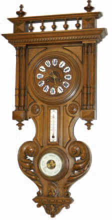 French Balcony clock with barometer and thermometer. Excellent walnut case, 36 inches high, balcony top, four full columns, nice carved base, some applied trim, finials, dentil molding, and a wood bezel and dial board. — Antique Clocks Price Guide