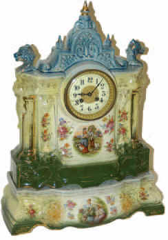 French 2 piece porcelain cased clock. 8 day round movement, signed, "Japy Freres". — Antique Clocks Price Guide