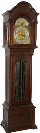 Tall clock made by, "The Frank Herschede Co., Cincinnati", ca prior to 1902. The solid mahogany case was made in a Cincinnati, Ohio cabinet shop. — Antique Clocks Price Guide