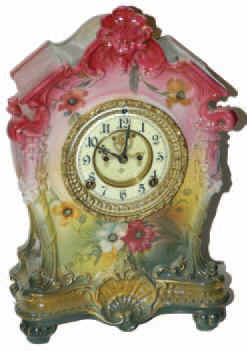 Ansonia Clock Company, "La Tosca", ca 1904. A Royal Bonn case with the usual German potters marks, to authenticate their work — Antique Clocks Price Guide