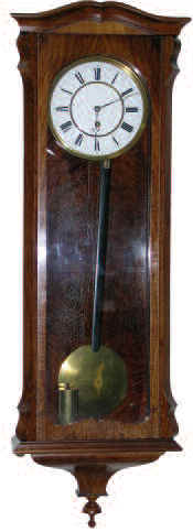 Vienna Regulator, ca. 1890. Extra clean high grade case, approx. 42 inches high, possibly mahogany with burled backboard, good old glasses. — Antique Clocks Price Guide