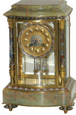 French crystal regulator, highly appointed with green onyx, bronze, and cloisonnE. Certainly one of the more stylish and attractive crystal regulators we have offered for sale. — Antique Clocks Price Guide