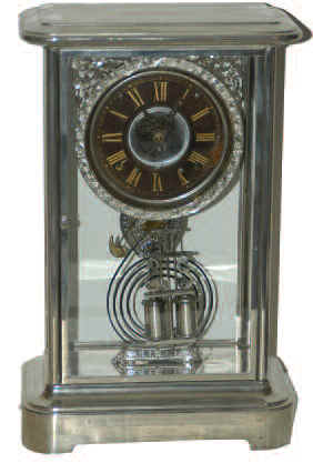 Ansonia Clock Company crystal regulator, "Symbol", ca 1880. An early crystal regulator style, larger than those that followed, and is made of nickel-plated metal rather than the more common gold plated. — Antique Clocks Price Guide