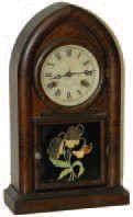 "8 Day Round Gothic Striking. New Haven Clock Co., New Haven, Conn", on the complete paper label glued to the inside of the original glass, which is correct. — Antique Clocks Price Guide