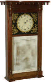 mantel clock, "A. Munger's Patent Brass Eight Day Clocks and Time Pieces Warrented Good/ And Sold Wholesale And Retail Auburn", the exact copy of the full backboard label — Antique Clocks Price Guide