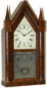 Steeple clock, "Patent Spring Eight Day Brass Clocks, Made and Sold by, M.W.Atkins, Bristol., Conn", copied from the full label, inside the case, ca 1850. — Antique Clocks Price Guide