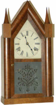 Steeple shelf clock, "E. and A. Ingraham, Bristol, Conn.", ca 1852. Brothers Elias and Andrew formed their company when the firm of Brewster and Ingrahams dissolved. — Antique Clocks Price Guide