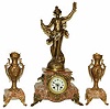 French three piece clock set retaining all its applied pieces which are original and exceptionally clean. All the metal has been refinished professionally, and the clock is ready to adorn your living room mantle.