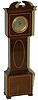 German miniature grandfather clock. Great walnut case with string inlay, arch top.