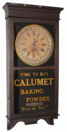 Sessions Clock Co., Rare, and original, Calumet Baking Powder Advertising glass in their "Regulator No. 2", oak case, ca 1908. — Antique Clocks Price Guide