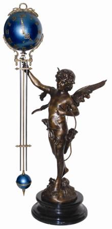 Large mystery swinger. Solid 26" high brass cupid standing on a heavy black marble base and holding a 33" swing arm. — Antique Clocks Price Guide