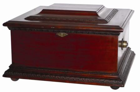 Symphonion Imperial Disc Music Box, Model 160, single comb, has no broken teeth, old winding crank, and celluloid patent and manufacturers labels inside. A lithographed label inside the lid, serial No. 14000. — Antique Clocks Price Guide