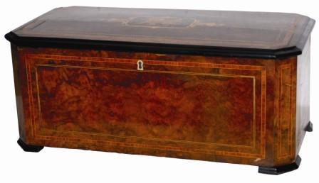 Swiss cylinder music box with Drum and 9 bells, ca 18701890. The cylinder is 13", has no broken teeth, and plays 8 "Aires". — Antique Clocks Price Guide