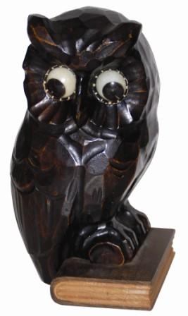 German Oswald Uhrenfabrik, Wise Old Owl clock, stands 7.5" high, made of molded composition and a pine base. — Antique Clocks Price Guide