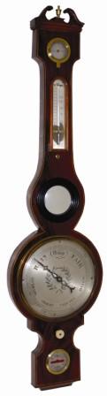 Scroll pediment, five dial barometer, ca 1840. The purpose of the convex mirror in the center is not clear, and certainly was not intended for use as a looking glass. — Antique Clocks Price Guide