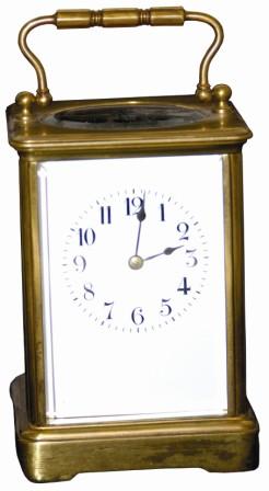 French 8 day carriage clock, time and strike, ca 1880. Brass case is 7" high, clean, complete, and all original. — Antique Clocks Price Guide