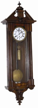 German one weight Vienna regulator, ca around 1870. One day brass movement is unsigned, seat board mounted and slides into wood mounting brackets. — Antique Clocks Price Guide