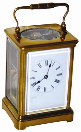 French carriage clock, 8 day time and strike, ca late 1800's. The case is 7" high with the handle up, clean and polished, and overall in excellent condition. — Antique Clocks Price Guide
