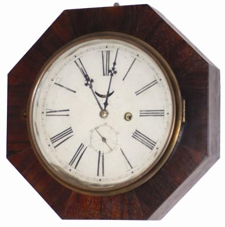 Chauncey Jerome gallery clock, 11" octagon case has excellent mahogany veneer all over the flat edges. No rolling edges, no label and I do not believe there ever was. — Antique Clocks Price Guide