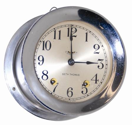 Seth Thomas Clock Co. ships bell clock in a nickel plated case. — Antique Clocks Price Guide