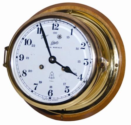 Schatz / Royal Mariner / 7 Jewels / Made In West Germany, signed on the painted dial of this German ships bell clock. — Antique Clocks Price Guide