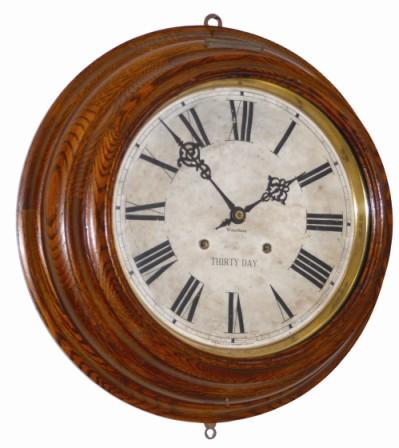 Waterbury Clock Co. 30 day oak step back case gallery clock with label and excellent rubbed out finish that looks original. — Antique Clocks Price Guide