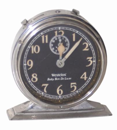 Westclox "Baby Ben" alarm clock, 3" high. Nickel case is bright and clean, complete with all its knobs and dials. — Antique Clocks Price Guide