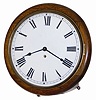 English gallery clock, chain fusee time only 8 day movement, ca 1875. Oak case is 15" in diameter, painted metal dial is 10.5" in diameter.