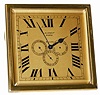 Swiss desk clock with three calendar dials showing months, days, and day of the month. It is a beautiful clock, gold/brass colored frame and dial, beveled glass, five original blued hands, and is signed on the dial, "Laurent / Paris / 8 Jours", and on the case, "Depose / 427".