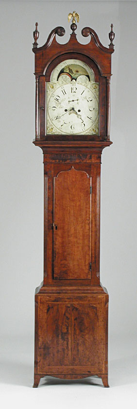 NEW ENGLAND CHERRY AND MAHOGANY TALL CLOCK. — Antique Clocks Price Guide