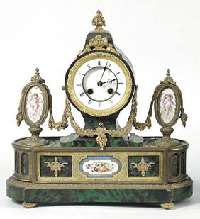 FANCY FRENCH ORMOLU AND GREEN TORTOISE SHELL MANTEL CLOCK. — Antique Clocks Price Guide