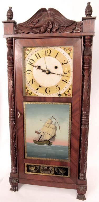 Rare Silas Hoadley carved column clock with upside down movement and alarm. — Antique Clocks Price Guide